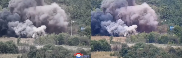 북한이 동해선 육로를 폭파했다고 17일 보도하면서 내놓은 사진(왼쪽). 우리 군 합동참모본부가 촬영한 영상. 북한이 우리 군 영상을 무단으로 캡처했다는 의혹이 제기됐다. 연합뉴스