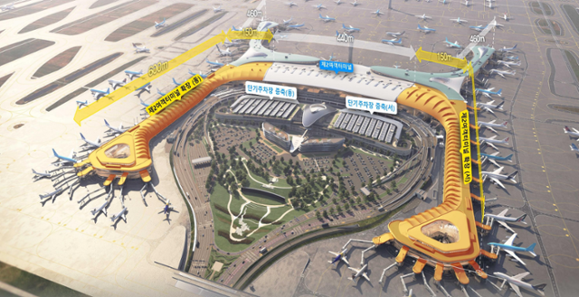 인천국제공항 4단계 건설사업으로 신설하는 확장부(노란색 부분)를 표시한 조감도. 새롭게 들어서는 양 날개 끝에 하늘이 뚫린 중정이 보인다. 인천국제공항공사 제공
