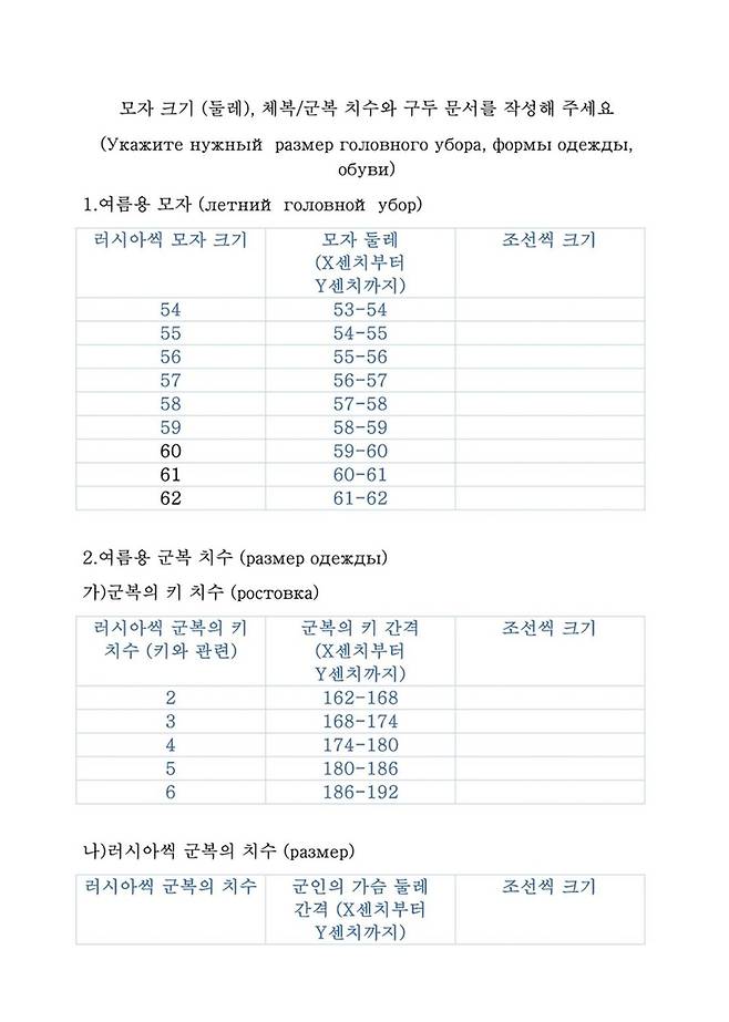 한글과 러시아어로 안내된 군복 치수 설문지 / 사진=우크라이나 문화부 소속 전략소통·정보보안센터(SPRAVDI), 연합뉴스