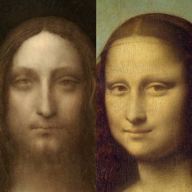 레오나르도 다빈치의 두 작품 얼굴 부분 확대. 살바토르 문디(왼쪽), 모나리자(오른쪽).(부분확대) [크리스티·루브르 박물관]