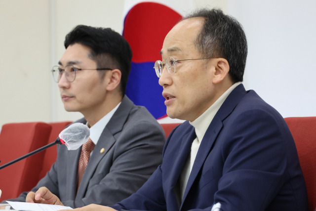 ▲국민의힘 추경호 원내대표가 20일 오후 서울 여의도 국회에서 국정감사 및 정치 현안 관련 기자간담회를 하고 있다. ⓒ연합뉴스