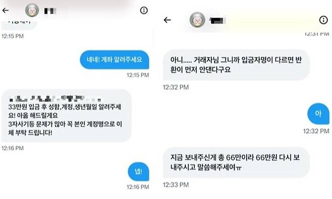 A 계정 유저와 이씨가 X DM으로 나눈 대화. 이씨 제공