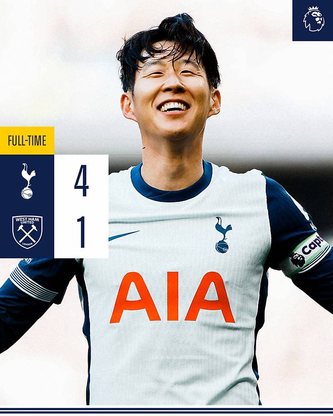 19일(한국시간) 영국 런던의 토트넘 홋스퍼 스타디움에서 열린 2024~2025시즌 잉글랜드 프리미어리그(EPL) 8라운드 웨스트햄 유나이티드와 토트넘 홋스퍼의 경기 기록. 활짝 웃는 손흥민. /사진=토트넘 홋스퍼 공식 사회관계망서비스(SNS)