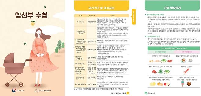 인구보건복지협회 임산부수첩 (2023년 제작) 텍스트 정보에 비해 직관적인 그래픽 이미지가 정보 전달 및 이해에 효과적이다. 
https://www.ppfk.or.kr/data-board/brochure-detail/39