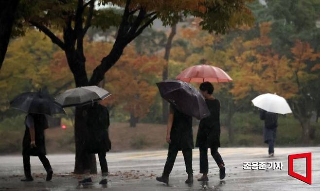 서울 여의도공원에 시민들이 우산을 쓴 채 걸어가고 있다. 사진=조용준 기자