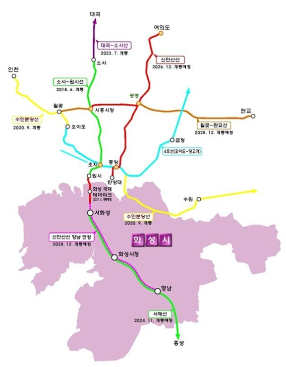 화성 향남과 남양을 거쳐 안산까지 연결되는 신안산선 향남 연장사업이 본궤도에 오른다. 사진은 신안산선 현황도. 화성시 제공