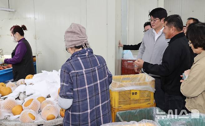 [세종=뉴시스]권재한 농촌진흥청 청장은 21일 오후 충남 천안 소재 배농장을 찾아 배 열매 터짐 피해 상황을 점검하고, 배 수확 후 관리 등 피해 최소화를 위한 기술지원에 적극 임해달하고 당부했다.(사진=농진청 제공)