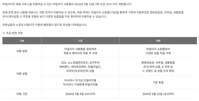 아시아나항공 마일리지 사용 제휴사 제휴 종료 안내문. ⓒ아시아나항공 홈페이지 갈무리