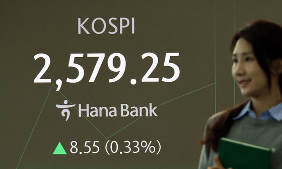 A screen in Hana Bank's trading room in central Seoul shows the Kospi opening on Wednesday. [YONHAP]