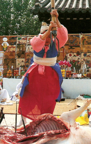 A shaman pierces a pig as part of gununggeori, a gut segment for worshipping martial commander gods to drive out evil spirits. [NATIONAL RESEARCH INSTITUTE OF CULTURAL HERITAGE]