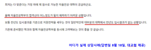 8월 18일 대교협 대입정보포털 '어디가'에서 이뤄진 실제 상담 답변 사례. 김문수 더불어민주당 의원실 제공