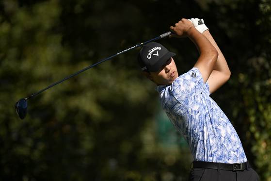 Wenyi Ding of China plays his shot from the fifth tee during the first round of the Procore Championship 2024 at Silverado Resort on Sept. 12 in Napa, California. [GETTY IMAGES]