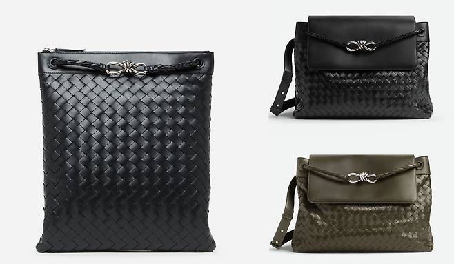 남녀 모두 멜 수 있는 플랫 안디아모 메신저 백(왼쪽)과 블랙 또는 카키 컬러의 안디아모 메신저 백. [사진 보테가 베네타]