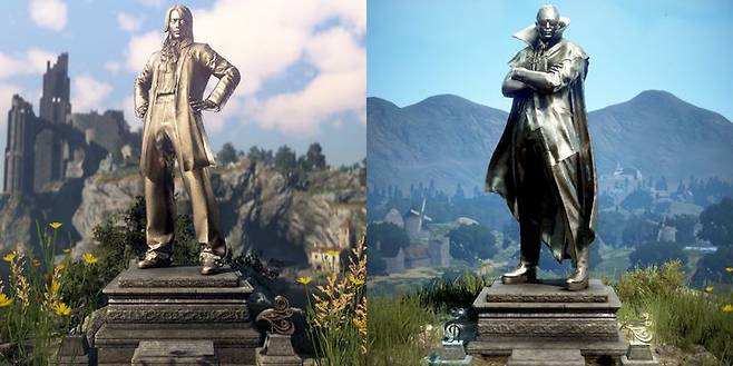 [서울=뉴시스] 25일 펄어비스에 따르면 검은사막 이용자는 다음 달 6일까지 벨리아 마을 내 비플레이어 캐릭터(NPC) '파트리지오'가 위치한 부근 언덕과 하이델 마을의 '왕의 숲'에서 신해철 동상 '마왕의 상'을 볼 수 있다. 사진 왼쪽은 이번에 설치된 동상으로 1990년대 넥스트 활동 당시의 신해철 모습을 본떴다. 오른쪽은 지난해까지 설치했던 동상으로 2010년대 당시의 신해철 모습을 본떴다. (사진=펄어비스 제공) *재판매 및 DB 금지