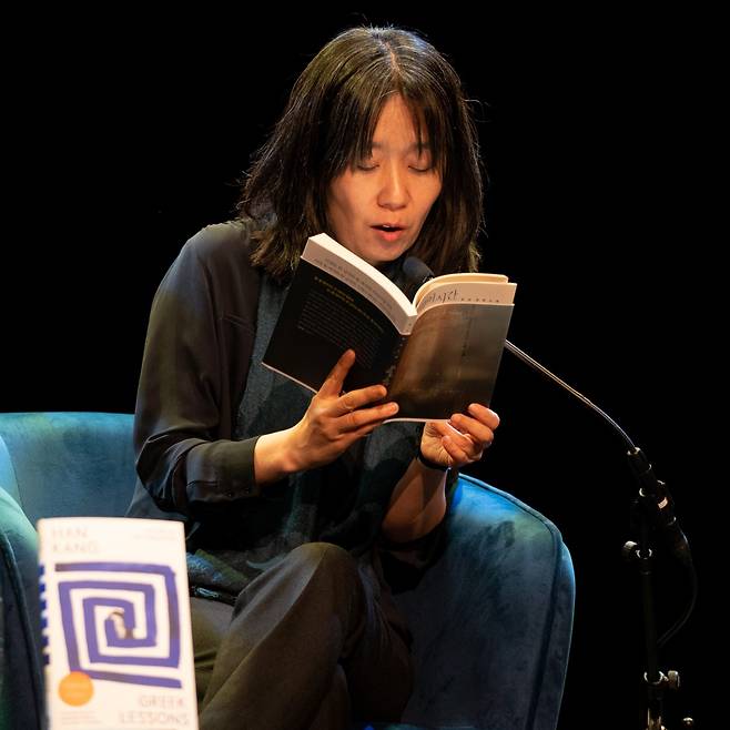 Han Kang reads from "Greek Lessons" during a talk at the Southbank Centre in London in April 2023. (Pete Woodhead/Korean Cultural Centre UK)