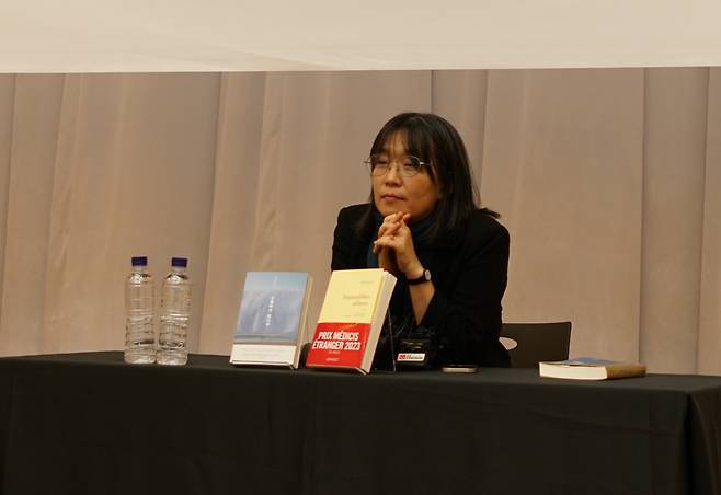 Han Kang attends a press conference held in Seoul in November 2023 after winning the Prix Medicis for foreign literature in France. (Munhakdongne Publishing)