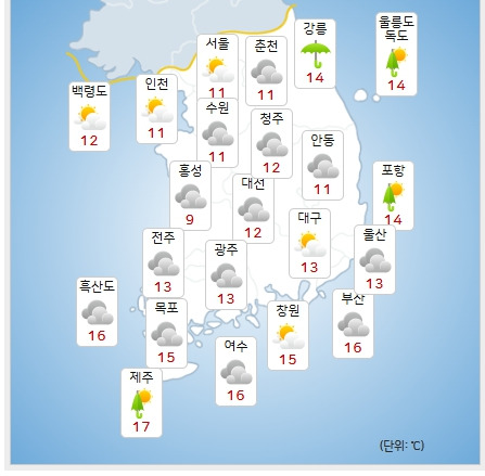 ⓒ기상청: 내일(28일) 오전 전국날씨