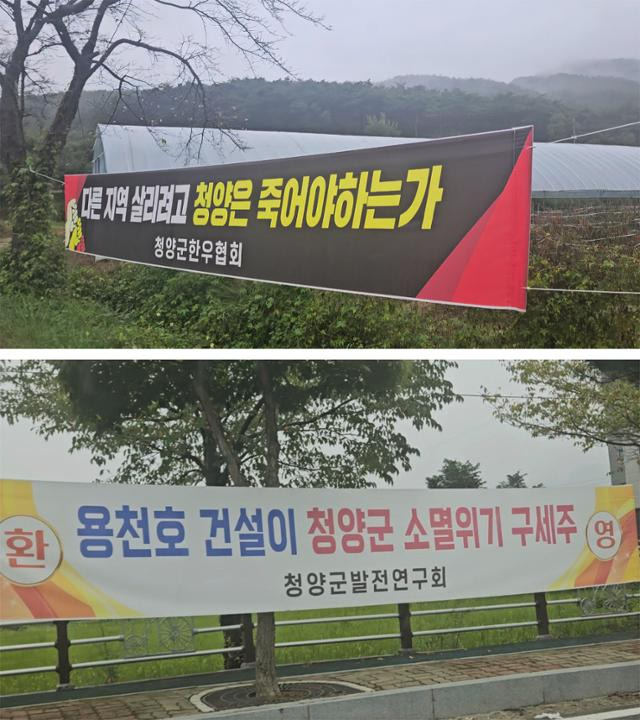 환경부의 충남 지천댐 건설 추진에 찬성 측과 반대 측이 찬반 구호를 새긴 펼침막을 거리에 내걸고 여론전을 펼치고 있다. 청양=윤형권 기자