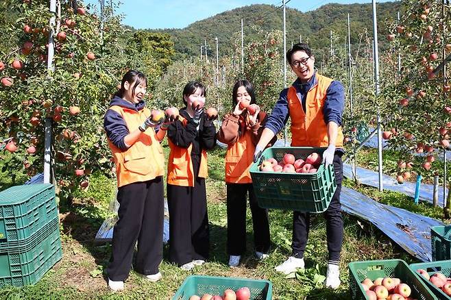 ㈜한화 임직원들이 25일 경기 포천시 영중면 관내 사과농가에서 농촌 일손돕기 봉사활동을 진행하고 있다. ⓒ한화