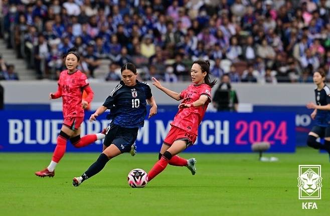 한국 여자축구대표팀 수비진이 지난 26일 일본 도쿄국립경기장에서 열린 일본과의 친선경기에 상대 선수를 막고 있다. 한국의 0-4 패. 대한축구협회 제공