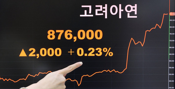 A screen at Korea Exchange's office in Yeouido, western Seoul, shows Korea Zinc's share price on Oct. 23, the day its public buyback offer ended. [NEWS1]