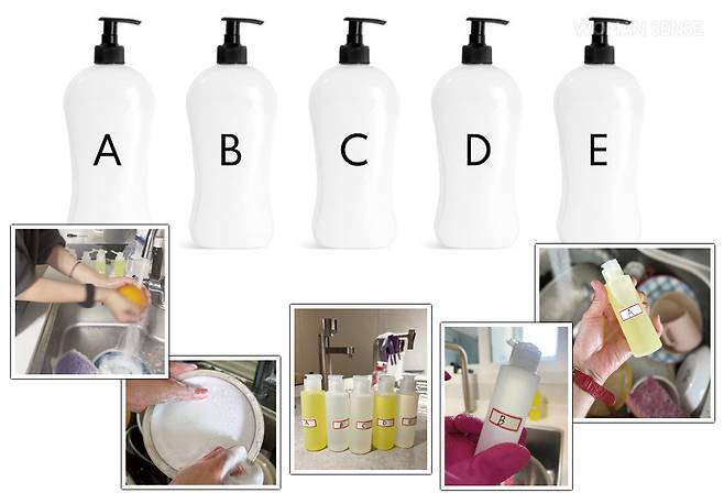 블라인드 테스트 제품 A 트리오 레몬 주방 세제 B 참그린 주방 세제 그린 허브 C 퓨어 주방 세제 애플밤 D 퐁퐁 오렌지&솔트 E 아름다운 주방세제