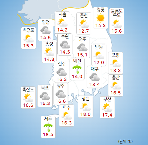 29일 오전 9시 현재 전국 날씨. [사진=기상청 날씨누리]