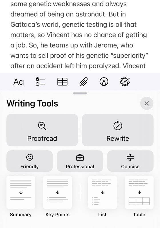 '글쓰기 도구'(Writing Tools)는 메일, 메시지, 메모 앱과 카카오톡 등 서드파티 앱 등 글 작성이 가능한 대부분의 위치에서 사용이 가능하다. 사진 아이폰 캡처