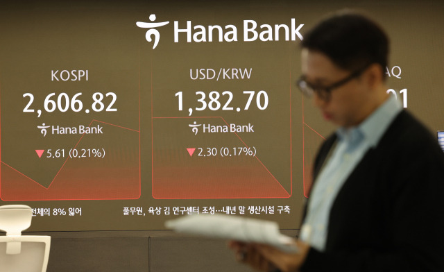 코스피가 29일 2600대 보합권에서 출발했다. 사진은 이날 오전 서울 중구 하나은행 본점 딜링룸. 연합뉴스