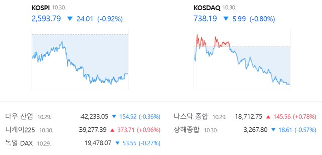 코스닥은 전 거래일(744.18)보다 0.80%(5.99포인트) 내린 738.19로 거래를 끝냈다. /네이버 증권정보 캡쳐