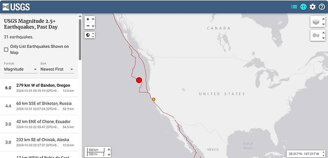 30일(현지시간) 미 서부 앞바다에서 발생한 규모 6.0 지진(USGS 갈무리)