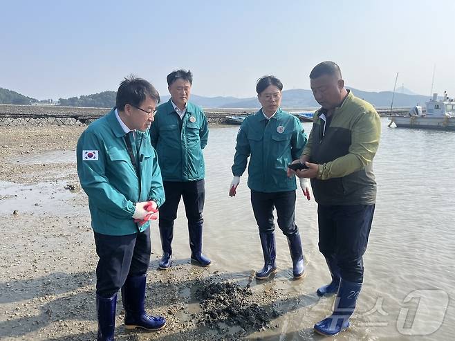 충남도 관계자들이 서산시 가로림만 일대에서 폐류 양식장 피해 실태를 조사하고 있다. (충남도 제공) /뉴스1