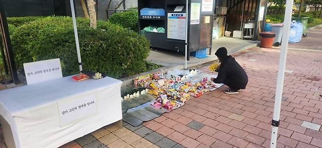 31일 오전 광주광역시 북구 신용동의 한 아파트단지에서 주민이 전날 교통사고로 세상을 떠난 초등학생을 추모하기 위해 꽃을 놓고 있다. 김용희 기자 kimyh@hani.co.kr