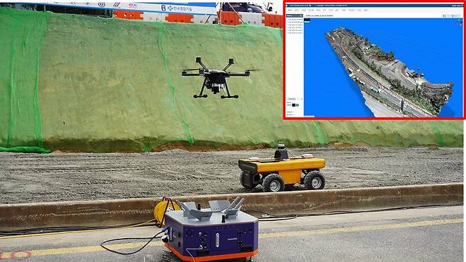 다중드론과 UGV가 공사 현장의 지형을 스캐닝하고 있다. 사진 한국도로공사