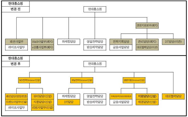 현대홈쇼핑 조직 개편도. /자료=현대백화점그룹