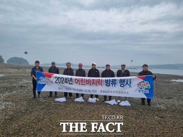 충남도 수자원연구소는 1일 어업인 소득 증대를 위해 서산·태안 2개 시군 연안에 자체 생산한 어린 바지락 100만여 마리를 방류했다. /충남도