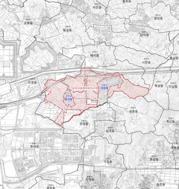 오는 5일부터 토지거래허가구역에서 해제되는 인천 서구 지역 위치도. 인천시 제공.