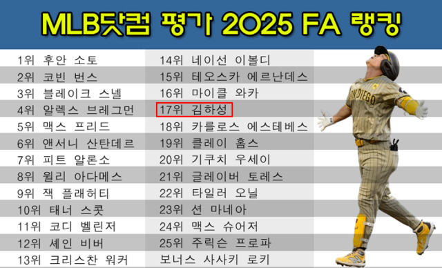 MLB 닷컴이 발표한 2025 FA 선수 톱 25. /그래픽=심재희 기자