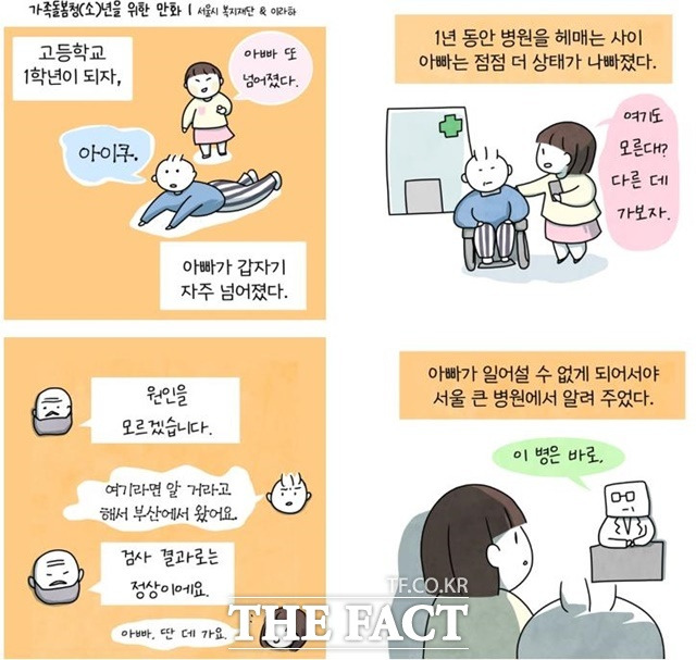 서울시복지재단이 가족돌봄청년 당사자 네트워크 '영케미' 청년들이 웹툰 '정신병동에도 아침이와요' 이라하 작가와 함께 제작한 인스타툰을 공개한다. /서울시복지재단