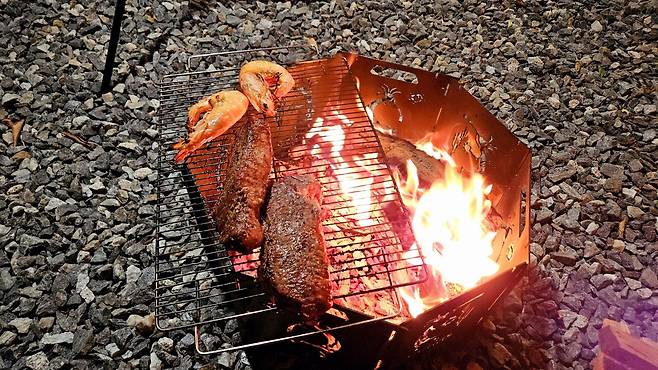 20241102_183259.jpg 캠핑 2일차) 저녁은 소고기와 자연산 대하 그리고 무늬오징어!!!!