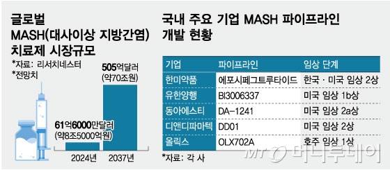 글로벌 MASH(대사이상 지방간염)치료제 시장규모·국내 주요 기업 MASH 파이프라인 개발 현황. /그래픽=임종철 디자인기자