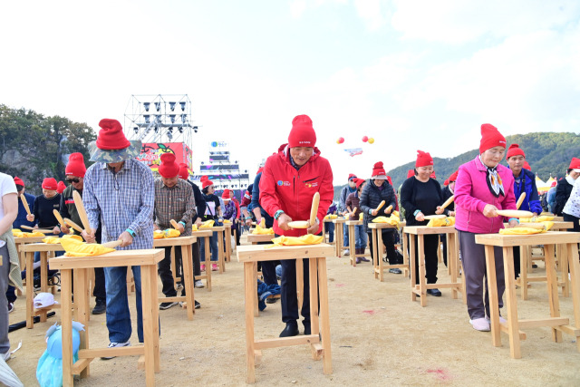 ▲윤경희 군수가 사과축제장을 찾아 군민들과 함께 꿀잼 사과 난타를 직접 시연 하고 있다. ⓒ 청송군