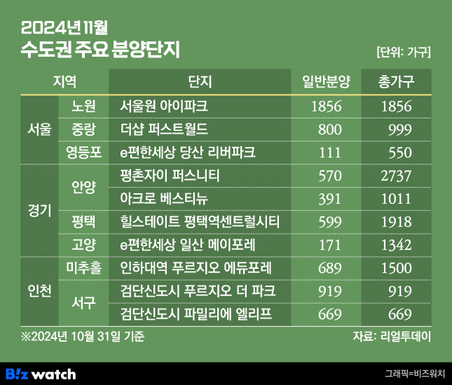 2024년 11월 수도권 주요 분양단지/그래픽=비즈워치