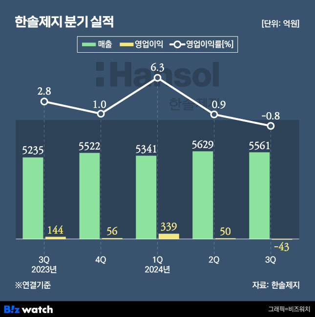 한솔제지 최근 분기 실적 추이./그래픽=비즈워치