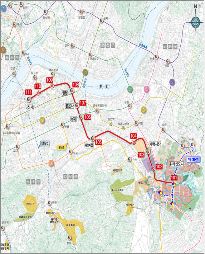 위례신사선 도시철도 노선도(예정). (자료=서울시)