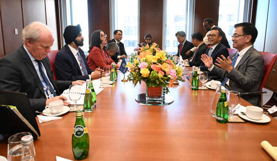 Korean Finance Minister Choi Sang-mok, right, holding talks with World Bank President Ajay Banga, second from left, in Washington, D.C., on Oct. 25, 2024. [YONHAP]