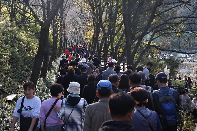 충북 진천군 문백면 농다리를 찾은 방문객들이 데크길을 걷고 있다. 진천군 제공.