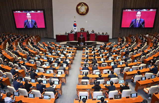 한덕수 국무총리가 4일 국회에서 열린 본회의에서 2025년도 예산안 및 기금운용계획안에 대한 시정연설을 하고 있다. 이병주 기자