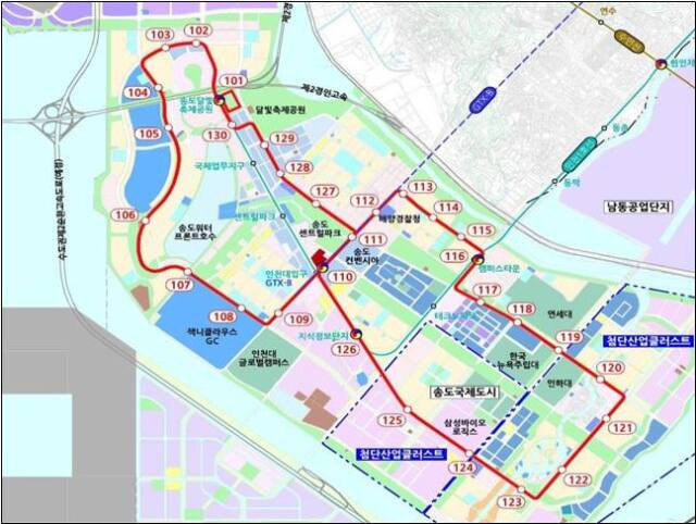 ‘인천시 도시철도망 구축계획 변경안’의 트램사업 5개 중 1개인 송도국제도시 내 순환선 ‘송도트램’ 노선도. 인천시 제공