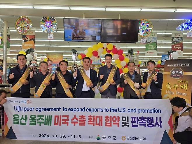 [울산=뉴시스] 울산시 울주군이 미국 로스앤젤레스(LA)와 하와이에서 '울산 울주배 미국 수출 판촉·홍보단'을 파견해 울주배 시식 및 홍보·판촉 행사를 진행하고 있다. (사진=울주군 제공) 2024.11.05. photo@newsis.com *재판매 및 DB 금지